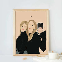 A framed personalized best friends portrait illustration. The high-quality artwork depicts two young women in black turtlenecks; the woman on the right is taking a selfie with a black smartphone, showing a pink-manicured hand, while the woman on the left smiles. The background is a soft peach color with a tiny heart. This custom portrait art is perfect as a unique friendship gift, birthday present for her, or modern home decor.