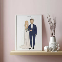 It's a Personalized Bride and Groom Wedding Portrait, happy and smiling. It's a Custom Illustration in a modern and minimalistic style, a unique keepsake for Newlyweds or to celebrate the Anniversary. A personalized and unique wedding gifts they'll never forget!