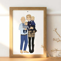 A Personalized hand-drawn Family Portrait Illustration showing a young couple holding their kids. This is the perfect gift for a family, original and meaningful.