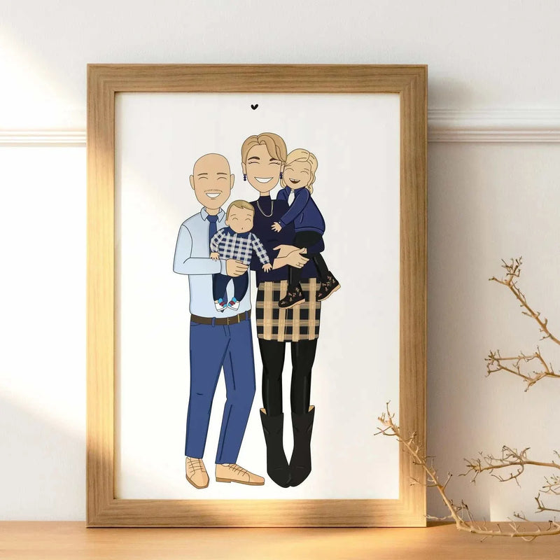 A Personalized hand-drawn Family Portrait Illustration showing a young couple holding their kids. This is the perfect gift for a family, original and meaningful.