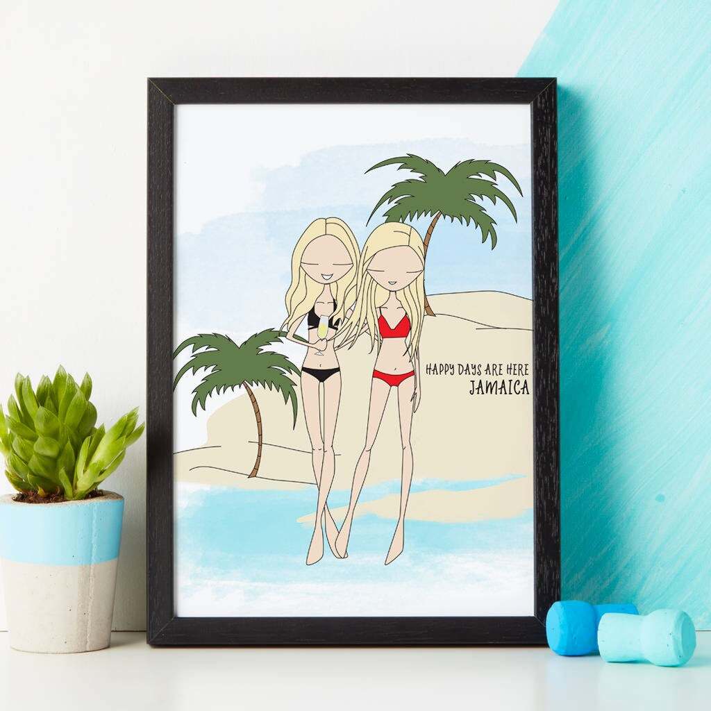 Framed Personalized Friends Portrait custom cartoon drawing of two blonde best friends in bikinis on a tropical beach in Jamaica. An ideal bachelorette party favor, girls' trip memento, or summer birthday gift.