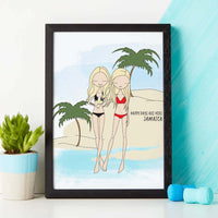 Framed Personalized Friends Portrait custom cartoon drawing of two blonde best friends in bikinis on a tropical beach in Jamaica. An ideal bachelorette party favor, girls' trip memento, or summer birthday gift.