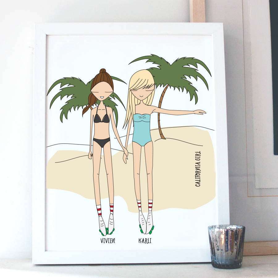 Framed Personalized Friends Portrait artwork featuring two friends roller skating on a California beach with palm trees in the background. Great as a California vacation keepsake, best friend birthday present, or a fun retro-themed roommate gift.