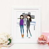Framed Personalized Friends Portrait illustration of two friends holding hands with a New Orleans riverboat and city skyline behind them. A custom gift idea for a New Orleans girls' trip, birthday, or graduation milestone.