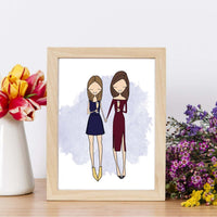Framed Personalized Friends Portrait depicting two best friends in elegant evening dresses holding champagne glasses over a watercolor background. Elegant choice for a bridesmaid proposal, milestone 30th birthday, or a New Year's Eve celebration memento.