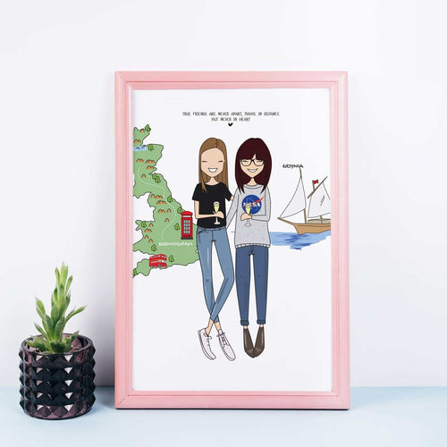 Ritratto personalizzato di due amiche con sfondo disegnato a mano, stile minimal e unico