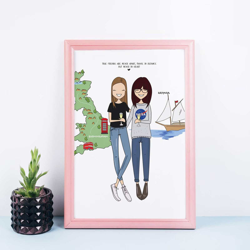 Ritratto personalizzato di due amiche con sfondo disegnato a mano, stile minimal e unico