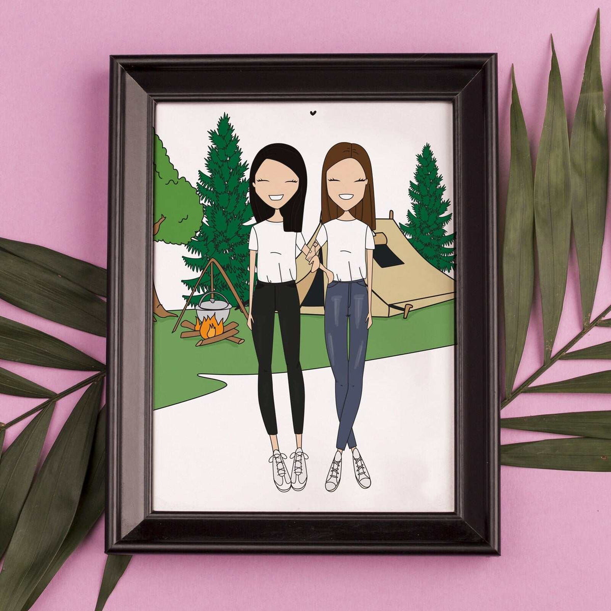 Two cartoon women with long brown hair are standing in front of a tent and a campfire. They are wearing white shirts, jeans, and trainers. The background is a green forest. A great gift for nature lovers, a camping trip souvenir, or a cozy outdoor adventure memento.
