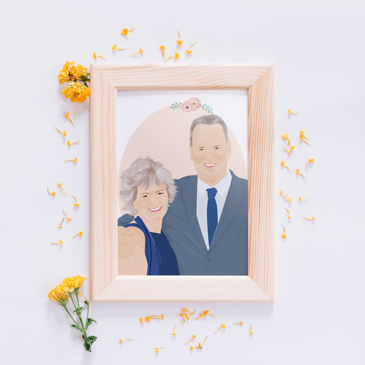 A modern, framed personalized couple portrait. The realistic digital illustration features a man and woman smiling. This personalized anniversary gift, unique wedding present, or contemporary wall art is ideal for stylish home decor.