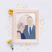 A modern, framed personalized couple portrait. The realistic digital illustration features a man and woman smiling. This personalized anniversary gift, unique wedding present, or contemporary wall art is ideal for stylish home decor.