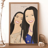 A personalized portrait of a bride and her bridesmaid in elegant gowns, showing the product used as a personalized wedding keepsake or bridesmaid proposal gift.