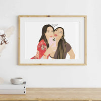 A horizontal personalized best friends portrait illustration. The realistic-style artwork captures two young women taking a selfie with a pink phone; one is wearing a red floral top and the other is wearing a brown crop top, both making kissing faces. The names "Joanna & Lucy" and "Best Friends" are written above them. This custom friendship art is a unique birthday gift or bestie present for modern home decor.