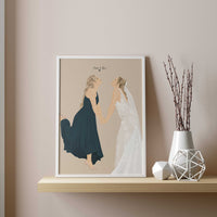 A personalized portrait of a bride and her bridesmaid in elegant gowns, showing the product used as a personalized wedding keepsake or bridesmaid proposal gift.