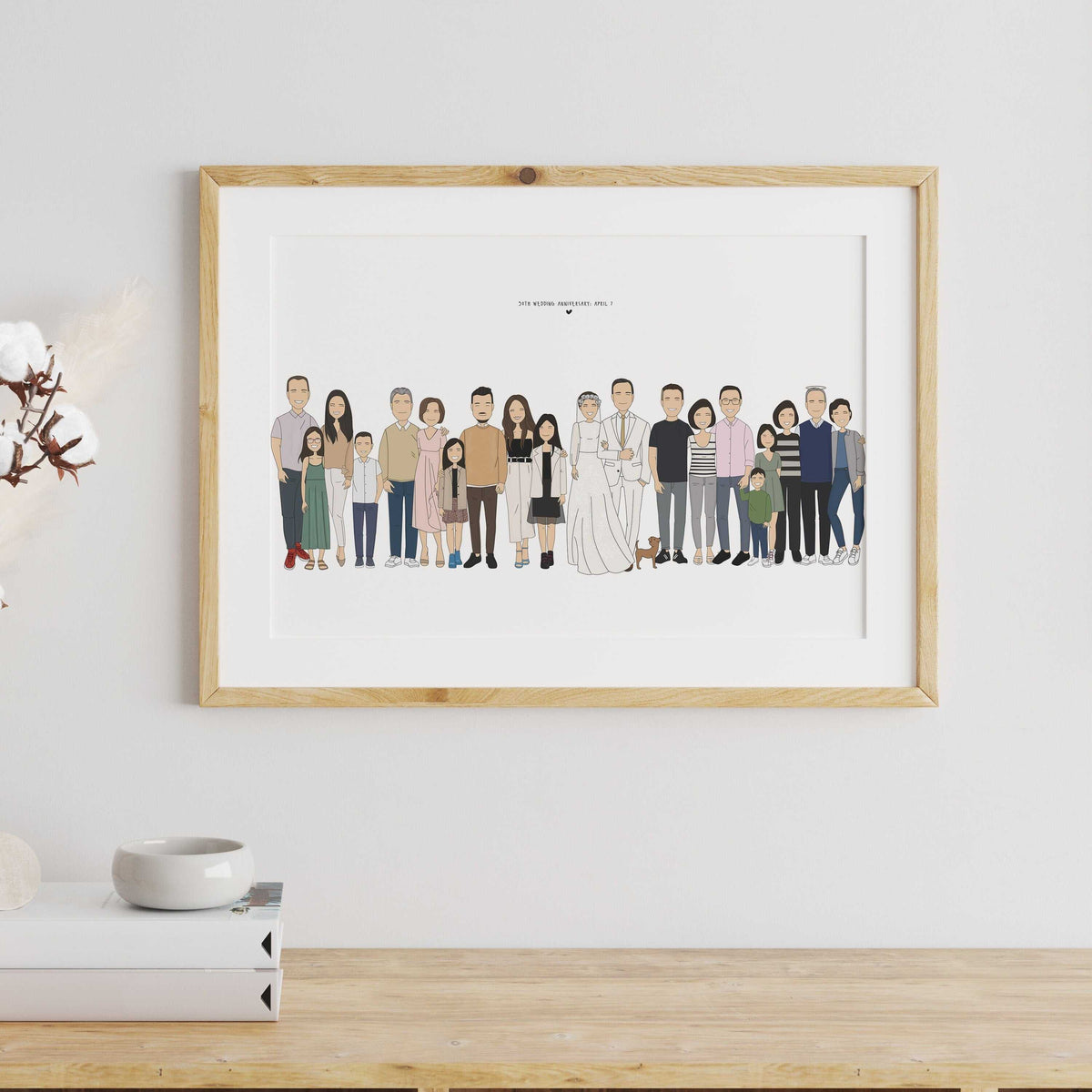 Custom illustrated family portrait featuring a large group of adults, children, and pets in a modern minimal style, on a neutral background — personalized group illustration print for families.