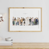Custom illustrated family portrait featuring a large group of adults, children, and pets in a modern minimal style, on a neutral background — personalized group illustration print for families.