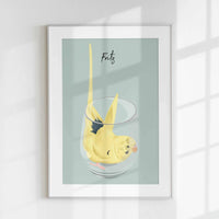 A personalized pet portrait illustration, drawn from a photo. The unique cartoon artwork features a yellow Parakeet pet bird curiously sitting inside a clear glass tumbler, with its name written above. The background is a soft sage green. This funny bird lover gift, custom Budgie portrait, or unique pet wall art is ideal for an aviary enthusiast and modern home decor.