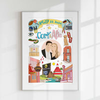 A vibrant, custom 'Our Story' map illustration print, featuring a central portrait of a smiling couple surrounded by colorful hand-drawn elements representing their interests and significant life events. This is an ideal personalized anniversary gift, unique wedding present, or relationship timeline art.