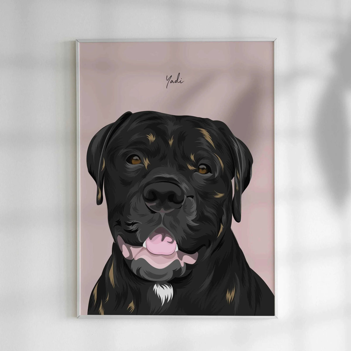 A realistic high quality personalized pet portrait, made from a photo. It shows a rottweiler and above the illustration his name. This unique multi-pet portrait is the perfect cat lover gift, pet memorial art, or personalized wall decor for homes with multiple pets.