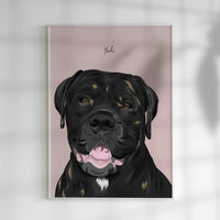 A realistic high quality personalized pet portrait, made from a photo. It shows a rottweiler and above the illustration his name. This unique multi-pet portrait is the perfect cat lover gift, pet memorial art, or personalized wall decor for homes with multiple pets.