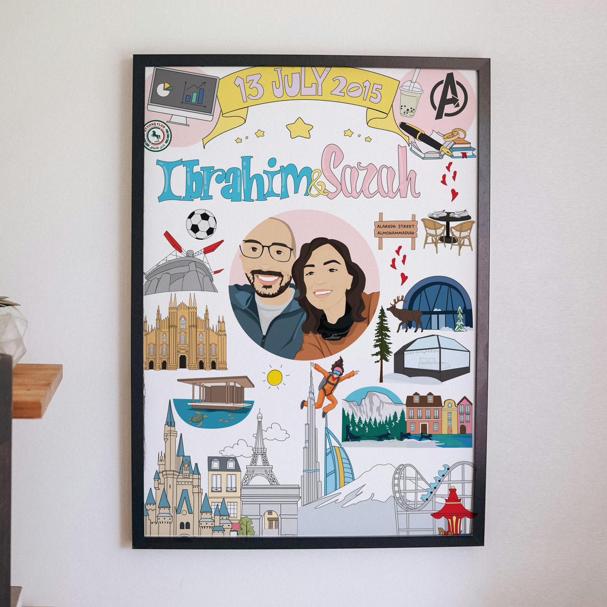 A vibrant, custom 'Our Story' map illustration print, featuring a central portrait of a smiling couple surrounded by colorful hand-drawn elements representing their interests and significant life events. This is an ideal personalized anniversary gift, unique wedding present, or relationship timeline art.