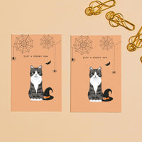 Flat lay of two side-by-side custom greeting cards on a beige background with gold paperclips. Each card features a cartoon caricature portrait of a grey and white tabby cat next to a black witch hat under hanging spiderwebs, designed as a Personalized Pet Portrait Halloween Card with the text "JUST A SPOOKY PAW".