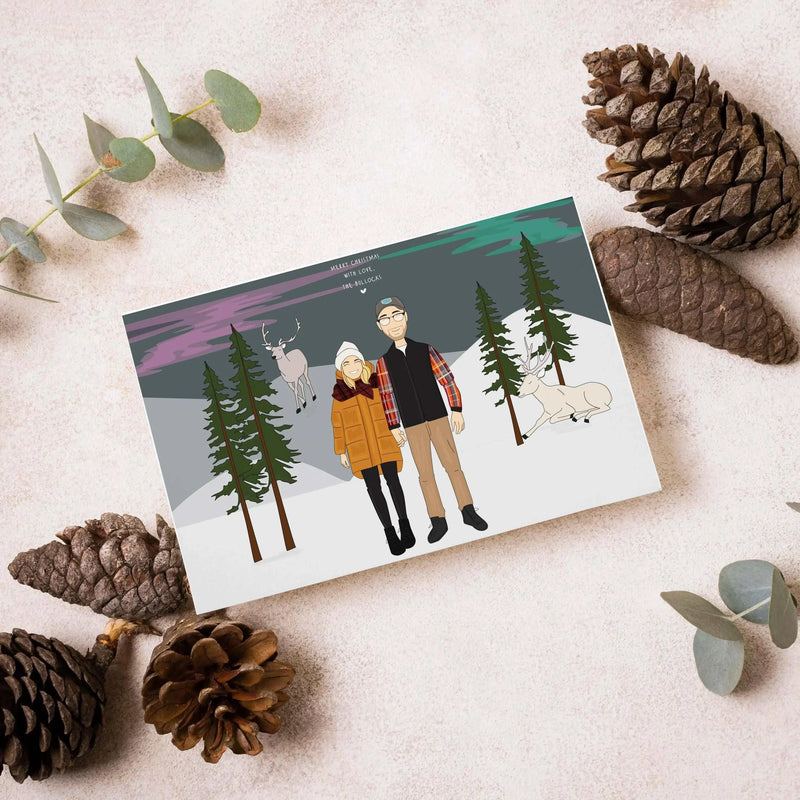A custom Christmas card featuring a personalized family portrait for Christmas cards, showcasing a hand-drawn illustration of a couple standing hand-in-hand in a snowy winter forest with pine trees, reindeer, and a northern lights sky. Perfect holiday gift custom holiday greeting card design.