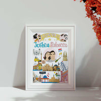A vibrant, custom 'Our Story' map illustration print, featuring a central portrait of a smiling couple surrounded by colorful hand-drawn elements representing their interests and significant life events. This is an ideal personalized anniversary gift, unique wedding present, or relationship timeline art.
