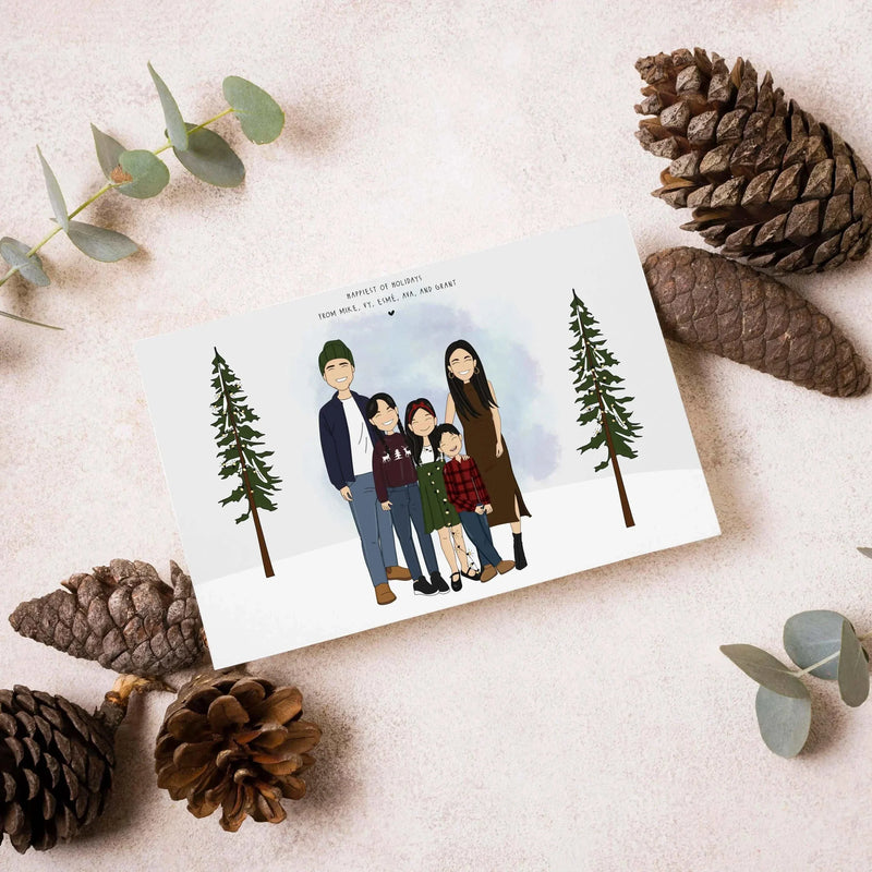 A festive custom holiday card displaying a personalized family portrait for Christmas cards, featuring a hand-drawn illustration of a smiling family of five standing together in the snow framed by two pine trees. Ideal seasonal gift and personalized family stationery for the holiday season.