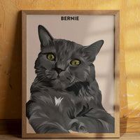 A realistic high quality personalized pet portrait, made from a photo. It shows a grey cat and above the illustration his name. This unique multi-pet portrait is the perfect cat lover gift, pet memorial art, or personalized wall decor for homes with multiple pets.