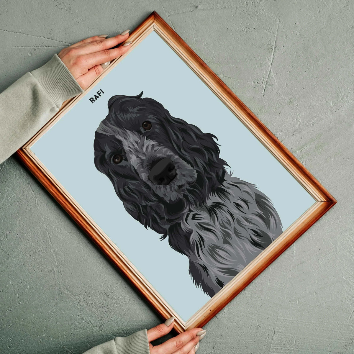A custom pet portrait illustration in a realistic style, featuring a gray long-haired brown dog with wavy fur and soulful eyes. The background is a solid blue, with the dog's name written in bold black text above. This unique custom dog portrait is an ideal pet lover gift, dog memorial art, or personalized wall print for modern pet owners.