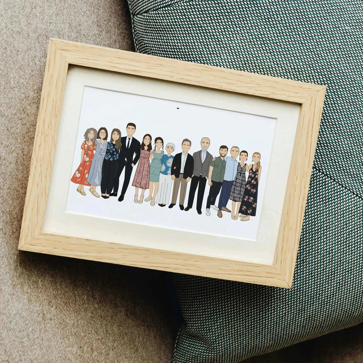 A Personalized Family Portrait Illustration, Hand-Drawn, featuring a large group of adults, children, and pets in a modern minimal style, on a neutral background — personalized group illustration print for families.