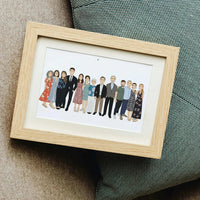 A Personalized Family Portrait Illustration, Hand-Drawn, featuring a large group of adults, children, and pets in a modern minimal style, on a neutral background — personalized group illustration print for families.