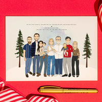 A large personalized family portrait for Christmas cards printed as a custom holiday card, depicting a detailed hand-drawn illustration of an extended family of nine, including children and a baby, celebrating together in a snowy landscape. A unique custom illustration gift for a festive family gathering.