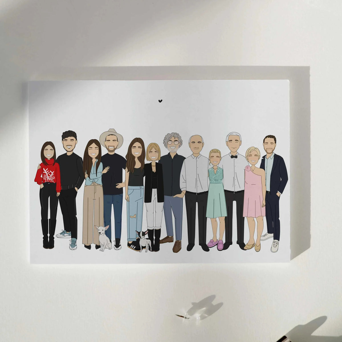 Personalized family portrait illustration with parents, children and pets standing together, custom cartoon style print made from photos, minimalist modern family artwork, meaningful home decor gift for family, grandparents or special occasions, digital download or printed wall art.