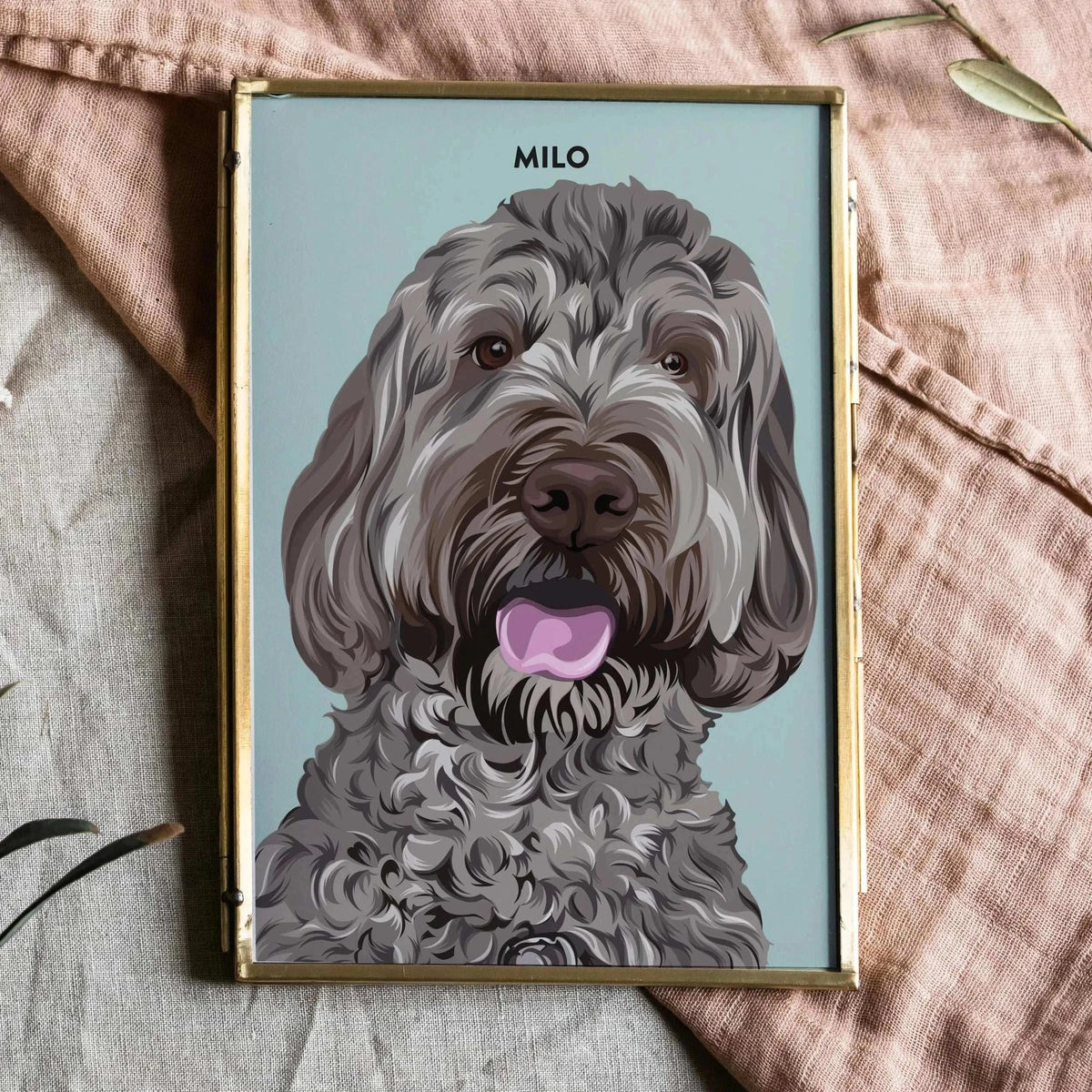 A realistic high quality personalized pet portrait, made from a photo. It shows a grey poodle dog and above the illustration his name. This unique multi-pet portrait is the perfect cat lover gift, pet memorial art, or personalized wall decor for homes with multiple pets.