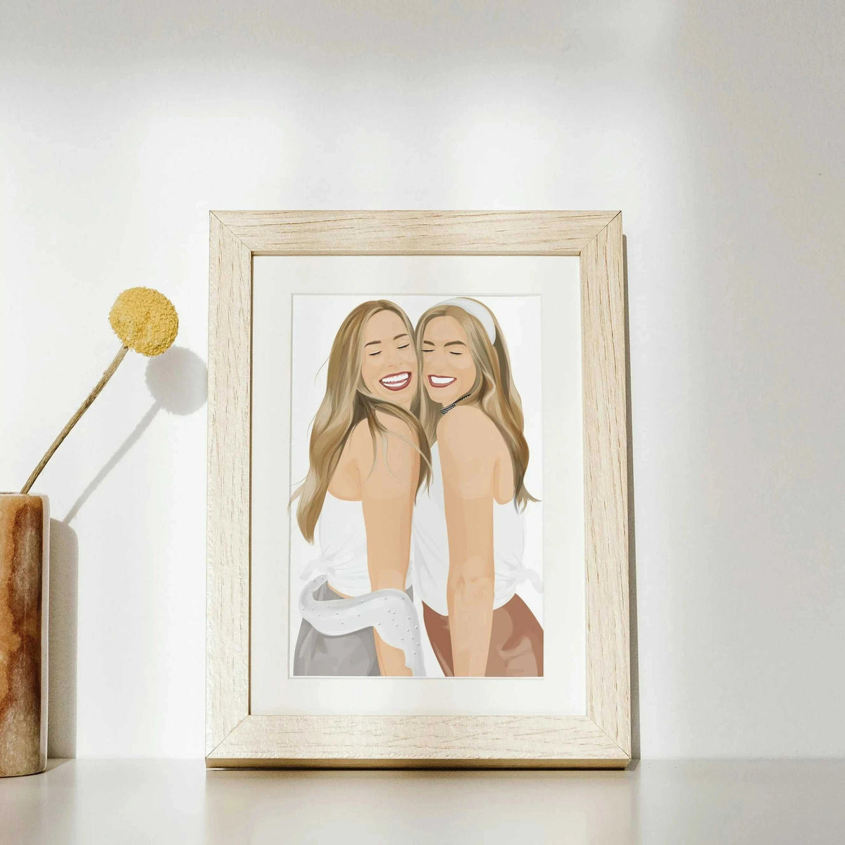 Personalized best friend portrait from photo in a light wood frame, featuring a hand-drawn digital illustration of two women laughing, with an aesthetic abstract background, perfect for roommate apartment decor or as birthday gift for a very special friend