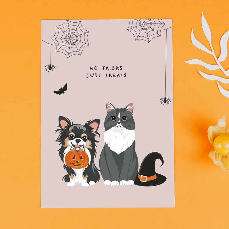 Cartolina personalizzata di Halloween con ritratto animale in costume festivo e stile caricatura