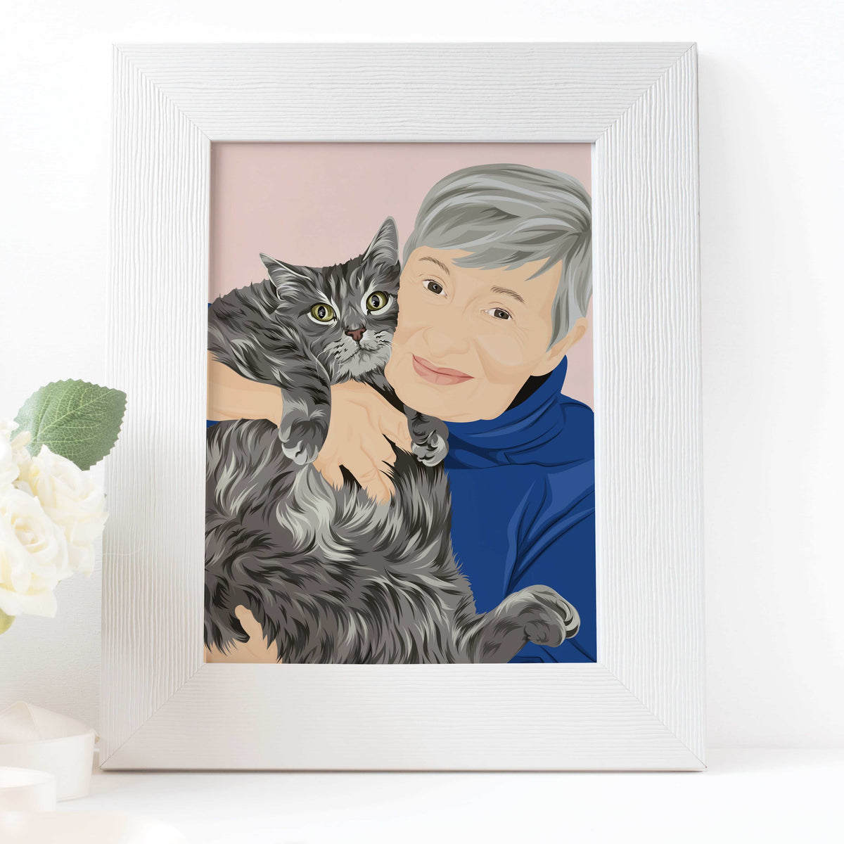 Custom realistic portrait of a woman with short grey hair hugging a long-haired grey tabby cat. This personalized pet and owner illustration is displayed in a white textured frame, making it the perfect sentimental gift for a mother-in-law or cat lover.