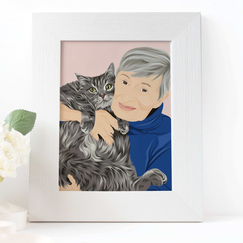 Custom realistic portrait of a woman with short grey hair hugging a long-haired grey tabby cat. This personalized pet and owner illustration is displayed in a white textured frame, making it the perfect sentimental gift for a mother-in-law or cat lover.
