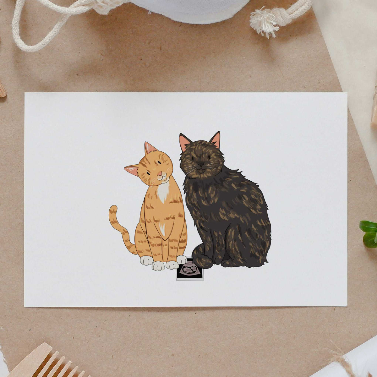 Personalized Pregnancy Announcement Card - Hand Painted Pet Portrait showing an orange tabby and a tortoiseshell cat with a baby ultrasound photo, making a unique hand-drawn gift for a pregnancy announcement and gender revealed.