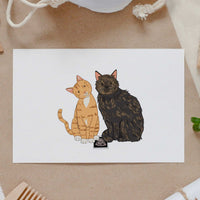 Personalized Pregnancy Announcement Card - Hand Painted Pet Portrait showing an orange tabby and a tortoiseshell cat with a baby ultrasound photo, making a unique hand-drawn gift for a pregnancy announcement and gender revealed.