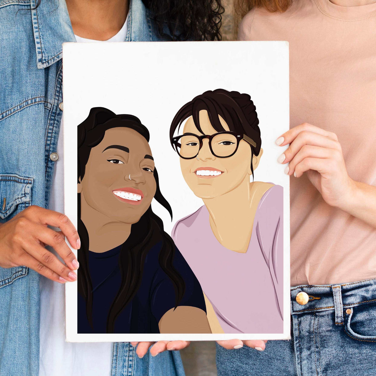 A realistic, front-facing hand-drawn personalized friend portrait illustration created from a photo, held by two friends as a custom best friend birthday gift, ideal also as a graduation or special milestone gift for a best friend.