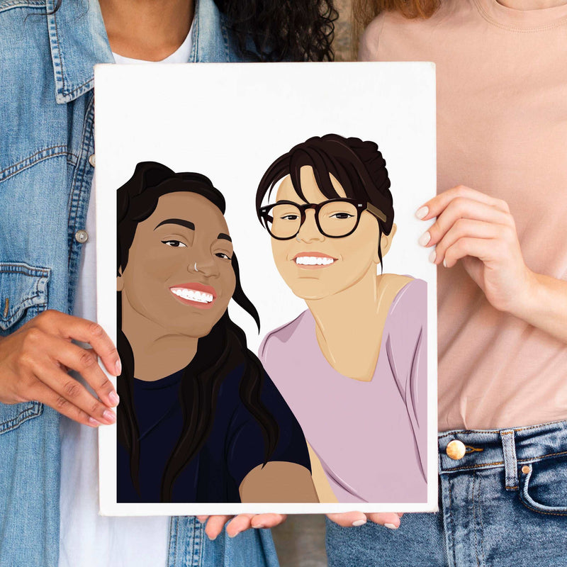 A realistic, front-facing hand-drawn personalized friend portrait illustration created from a photo, held by two friends as a custom best friend birthday gift, ideal also as a graduation or special milestone gift for a best friend.