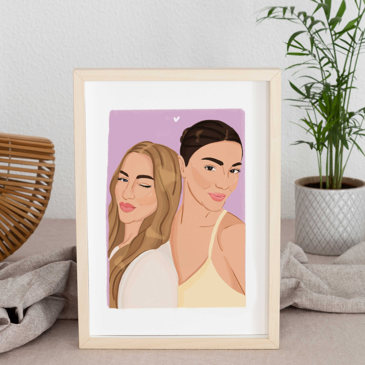 Personalized birthday gift from friends featuring a custom digital group illustration. Hand-drawn portrait of two women shown in a modern wooden frame, perfect as a bridesmaid proposal or a touching keepsake for a bachelorette party, meticulously drawn from separate reference photos.
