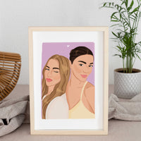 Personalized birthday gift from friends featuring a custom digital group illustration. Hand-drawn portrait of two women shown in a modern wooden frame, perfect as a bridesmaid proposal or a touching keepsake for a bachelorette party, meticulously drawn from separate reference photos.