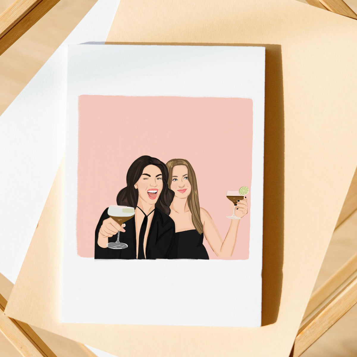 Hand-drawn custom best friend portrait of two women enjoying cocktails, printed on a high quality paper. This personalized illustration is a touching gift for a best friend or a unique present for a friend who has everything, created from separate photos to capture a realistic likeness for a birthday or bachelorette party.