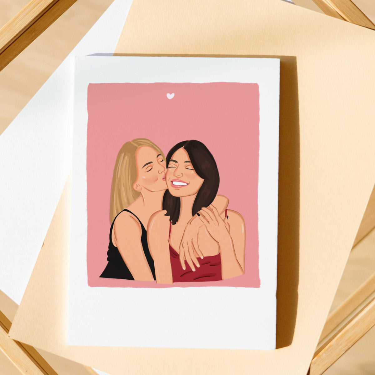 Personalized birthday gift from friends featuring a custom digital group illustration. Hand-drawn portrait of two women shown printed on a fine art paper, perfect as a bridesmaid proposal or a touching keepsake for a bachelorette party, meticulously drawn from separate reference photos.