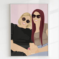 Personalized best friend portrait gift for graduation or birthdays. Hand-drawn digital illustration of two women next to each other, custom BFF artwork by CostanzaToniniDesign, minimalist faceless art style in a white frame.