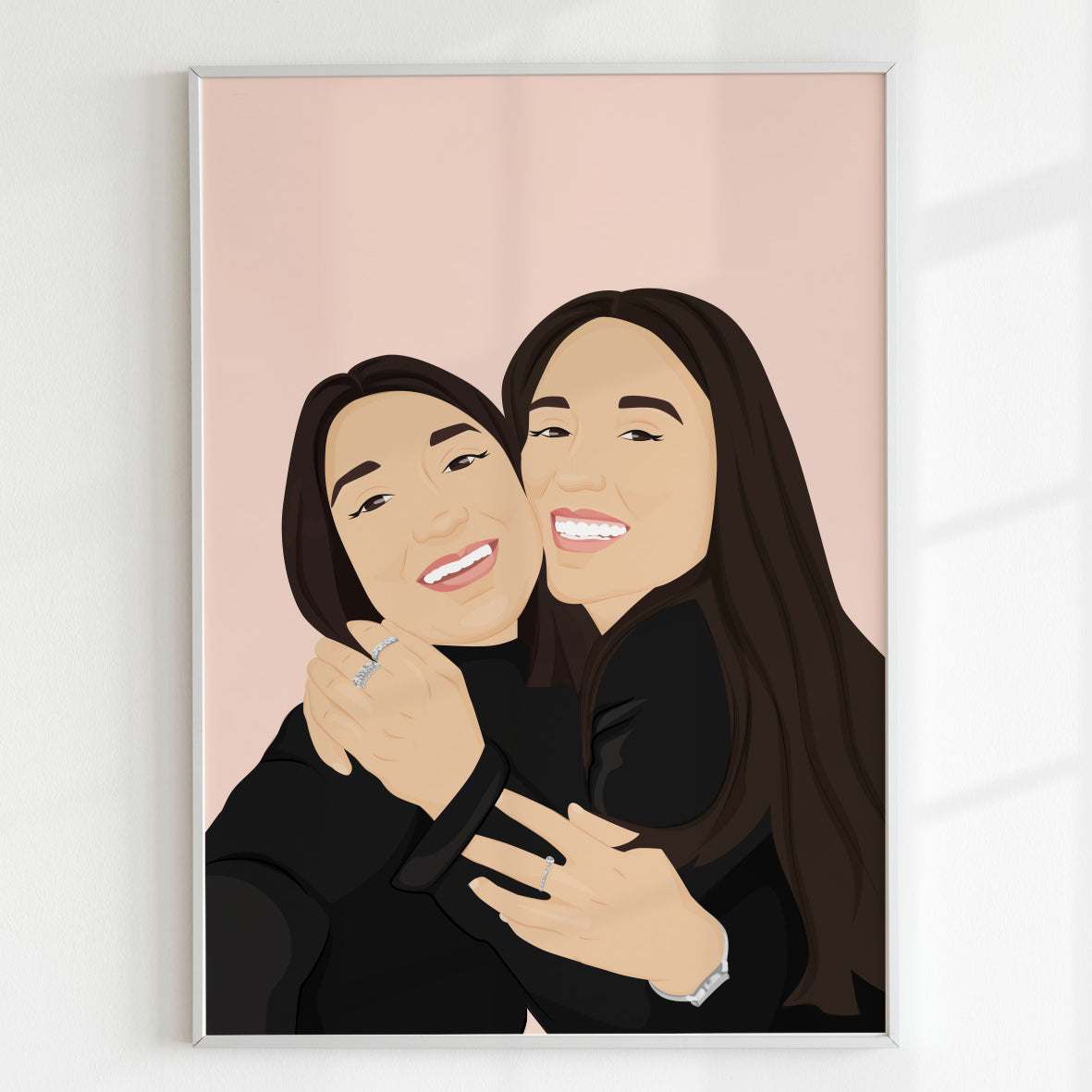 Personalized best friend portrait gift for graduation or birthdays. Hand-drawn digital illustration of two women next to each other, custom BFF artwork by CostanzaToniniDesign, minimalist faceless art style in a white frame.