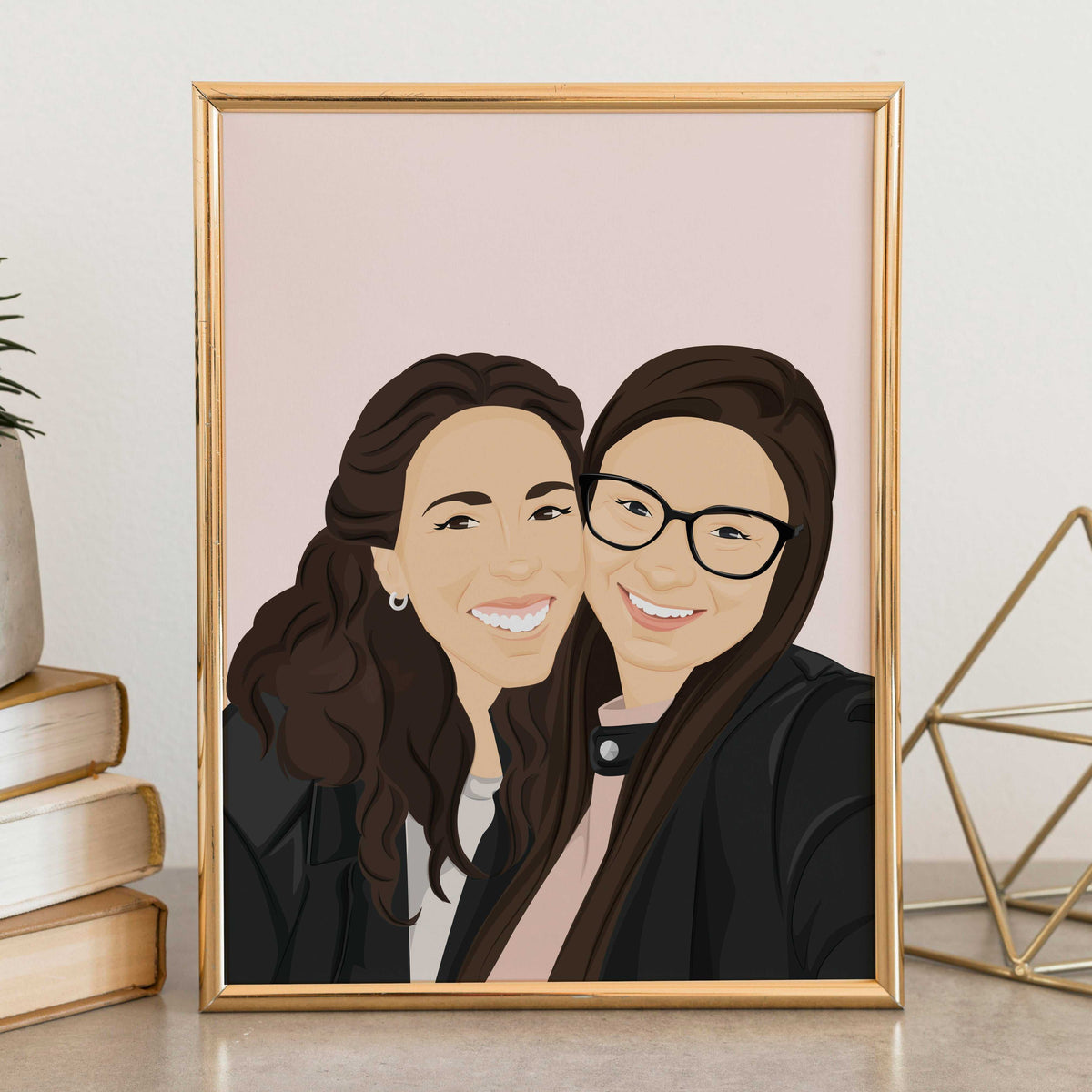 Personalized best friend portrait gift for graduation or birthdays. Hand-drawn digital illustration of two women next to each other, custom BFF artwork by CostanzaToniniDesign, minimalist faceless art style in a white frame.